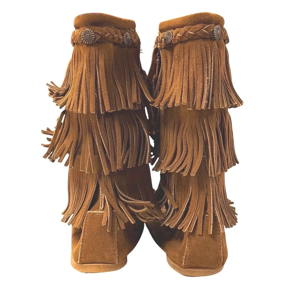 Minnetonka Moccasin Boots 3 Layer Fringe Kid Girl 2 Brown Suede Zip Up  10
